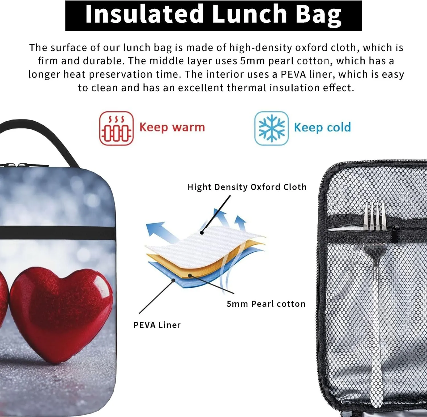 Insulated Lunch Bag for Men Women Reusable Lunch Box Two Hearts Lunchbox Leakproof Cooler Bags for Work Picnic