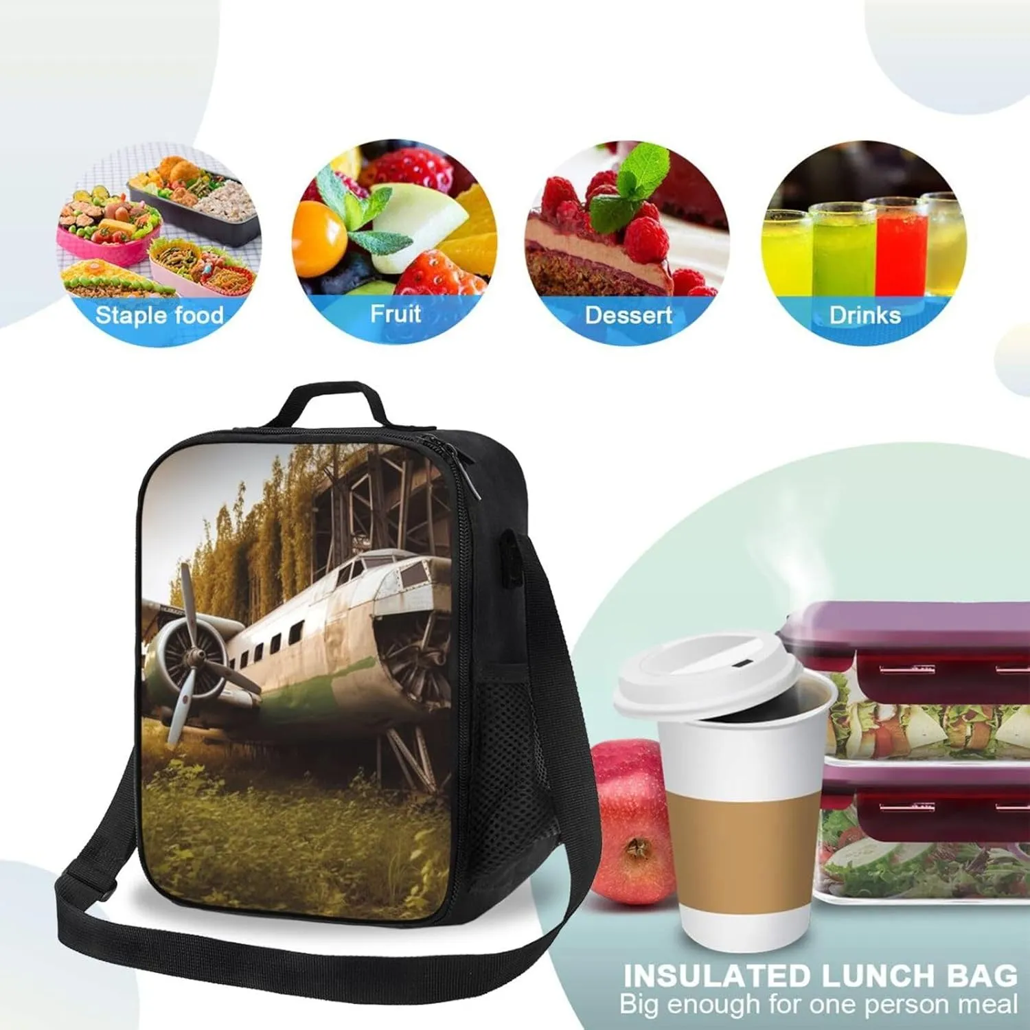 Insulated Lunch Bag for Women Men Abandoned Plane Lunch Box for Adult Reusable Lunch Tote Bag for Work Picnic Travel