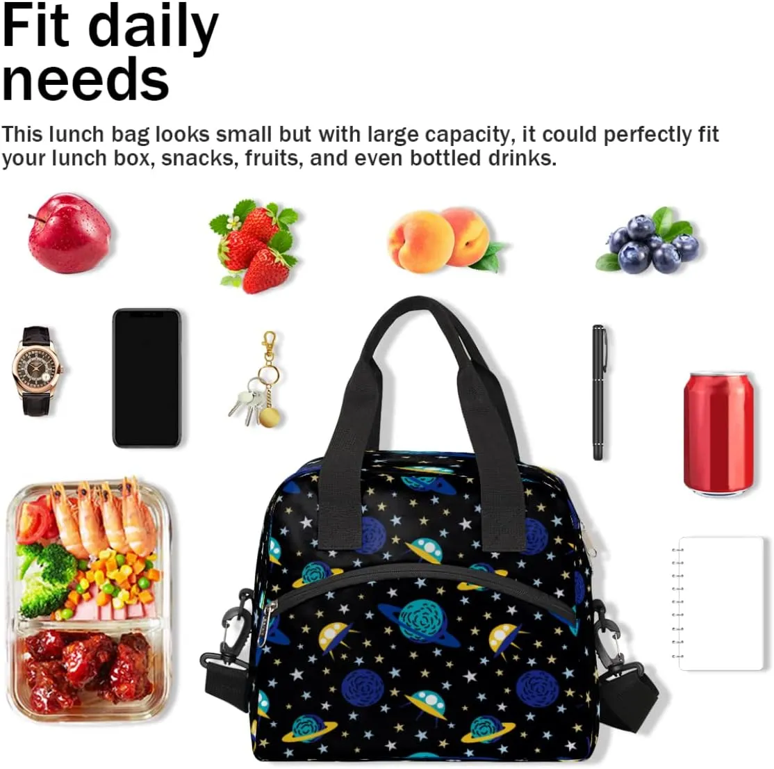 Insulated Lunch Bag Women Men Earth And Spacecraft Large Reusable Lunch Box Leakproof Lunch Tote Bag Cooler Bag with Adjustable Shoulder Strap Travel Picnic Work Beach