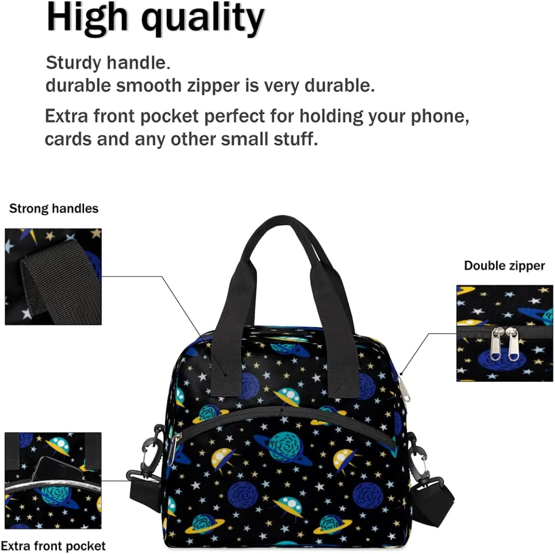 Insulated Lunch Bag Women Men Earth And Spacecraft Large Reusable Lunch Box Leakproof Lunch Tote Bag Cooler Bag with Adjustable Shoulder Strap Travel Picnic Work Beach