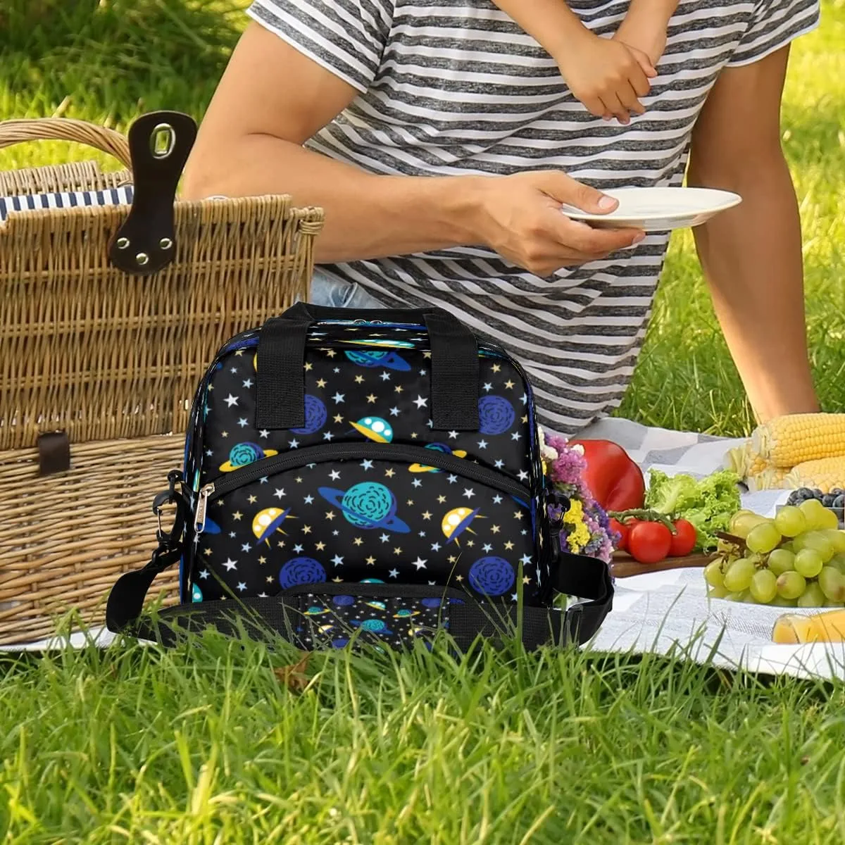 Insulated Lunch Bag Women Men Earth And Spacecraft Large Reusable Lunch Box Leakproof Lunch Tote Bag Cooler Bag with Adjustable Shoulder Strap Travel Picnic Work Beach