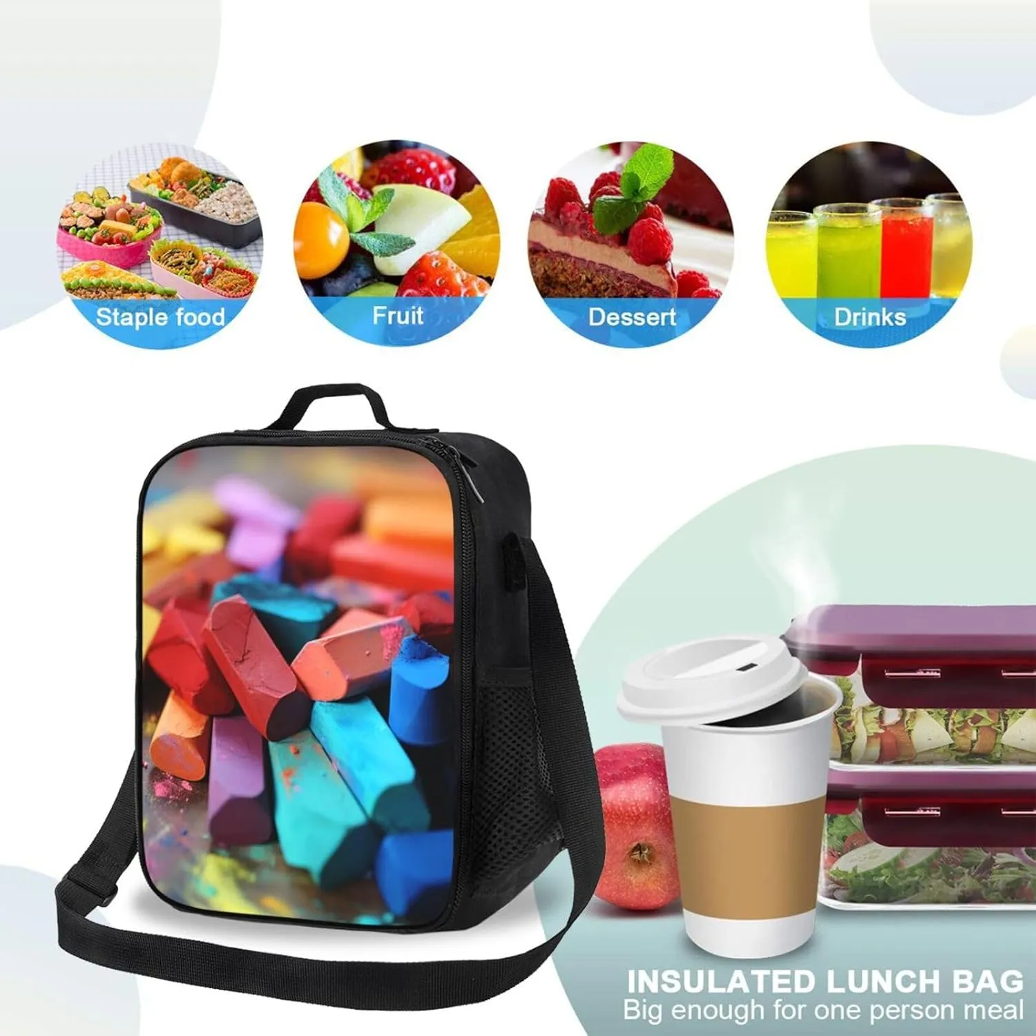 Insulated Lunch Bags for Women Colored chalk Reusable Lunch Boxes Waterproof Shoulder Bag Lunch Cooler Bag for Work