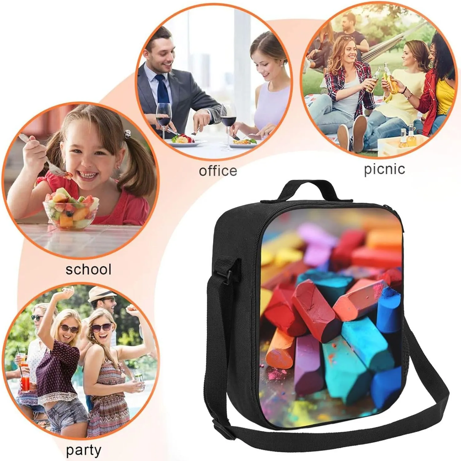 Insulated Lunch Bags for Women Colored chalk Reusable Lunch Boxes Waterproof Shoulder Bag Lunch Cooler Bag for Work