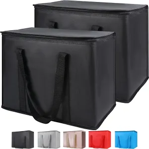 Insulated Reusable Grocery Bags, 16W x 13H x 9D, X-Large Tote Bag for Shopping/Travel, Doordash Food Cooler/Hot Delivery Bag, Black, 2-Pack