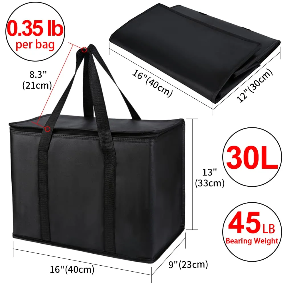 Insulated Reusable Grocery Bags, 16W x 13H x 9D, X-Large Tote Bag for Shopping/Travel, Doordash Food Cooler/Hot Delivery Bag, Black, 2-Pack