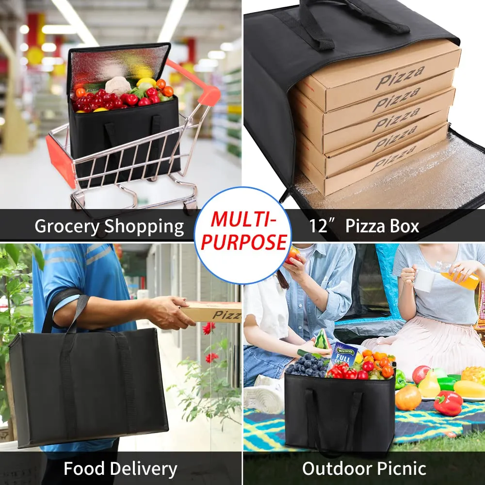 Insulated Reusable Grocery Bags, 16W x 13H x 9D, X-Large Tote Bag for Shopping/Travel, Doordash Food Cooler/Hot Delivery Bag, Black, 2-Pack