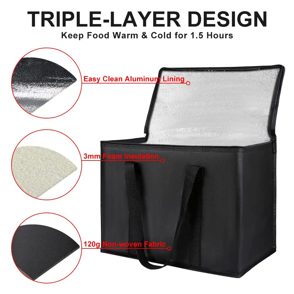 Insulated Reusable Grocery Bags, 16W x 13H x 9D, X-Large Tote Bag for Shopping/Travel, Doordash Food Cooler/Hot Delivery Bag, Black, 2-Pack
