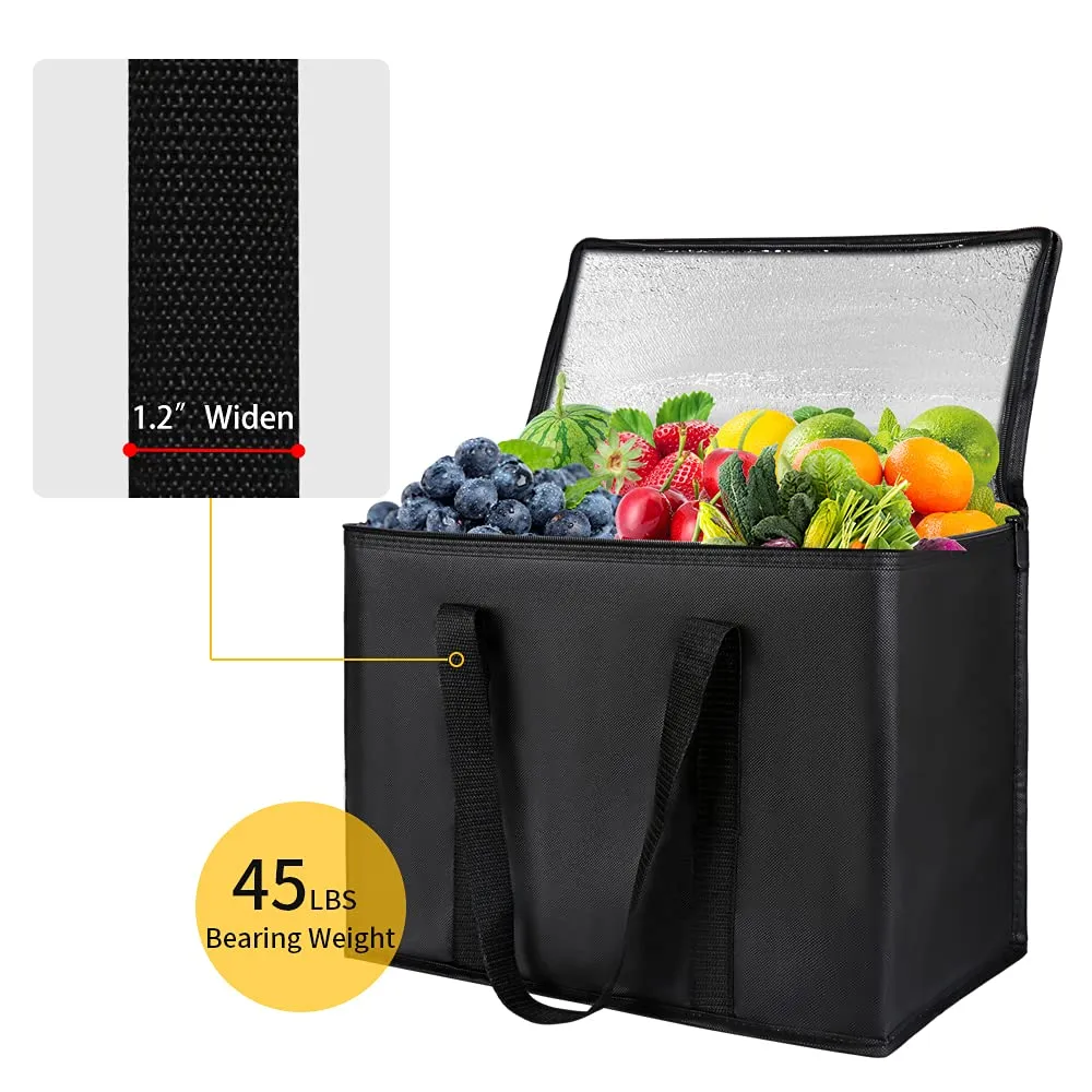 Insulated Reusable Grocery Bags, 16W x 13H x 9D, X-Large Tote Bag for Shopping/Travel, Doordash Food Cooler/Hot Delivery Bag, Black, 2-Pack