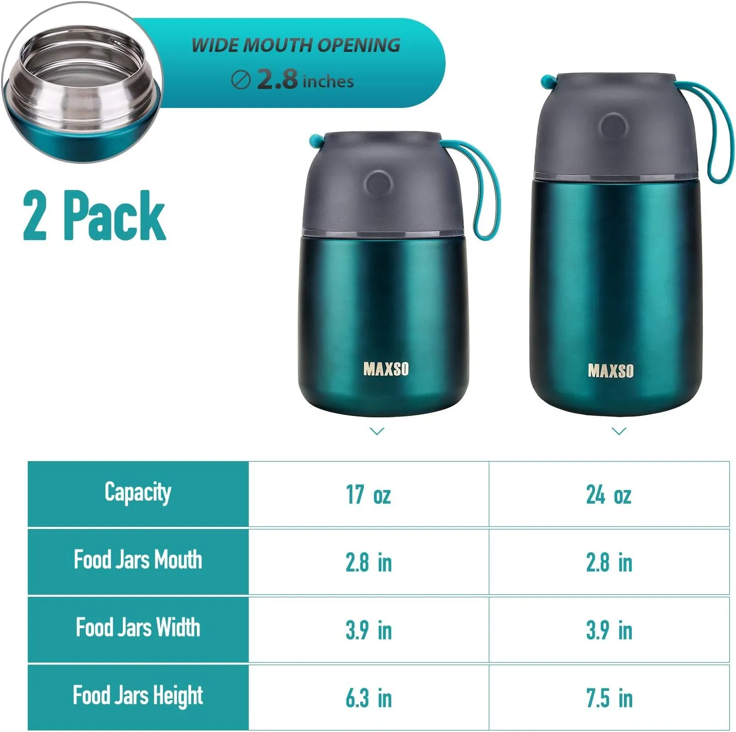 Insulated Thermo Food Jar for Hot & Cold Food for Kids Adult, 17&24 oz Soup Thermal Hot Food Containers for Lunch, Triple Layer Insulation Stainless Steel Food Jar with Spoon(2 Pack Green)