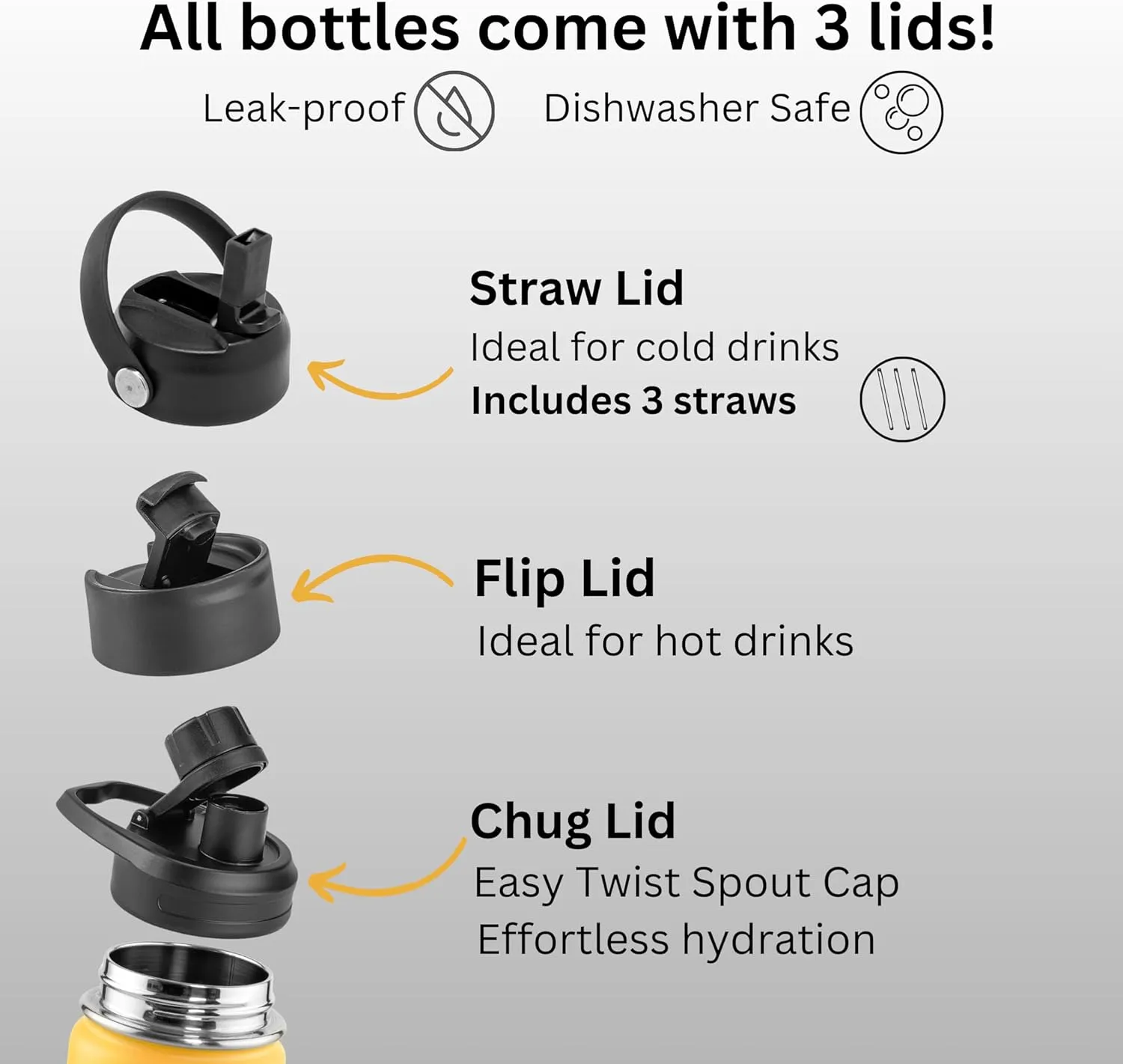 Insulated Water Bottle 32oz. - Stainless Steel, Spill-Proof Thermos with 3 Lids - BPA-Free, Vacuum Insulated, Keeps Drinks Cold for 24 Hours - Great for Travel, Workout, Sports