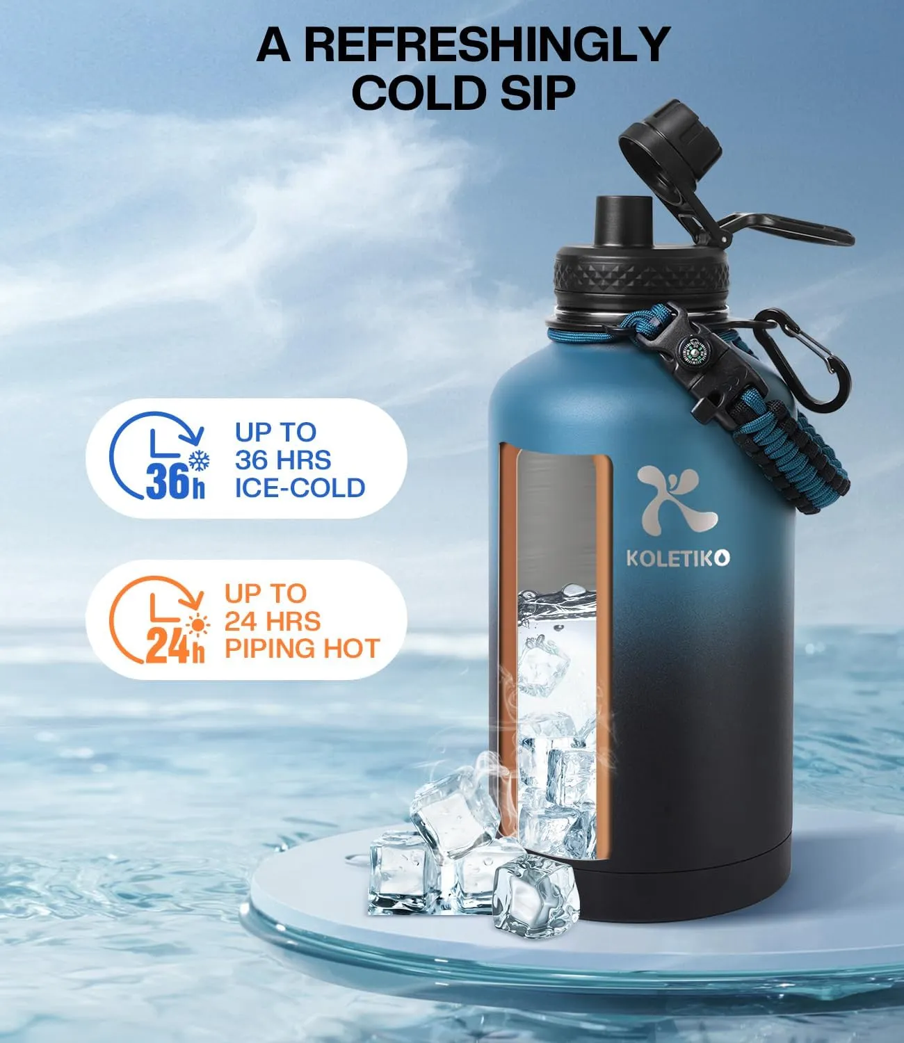 Insulated Water Bottle 64 oz(COLD for 36 Hrs), Non-BPA & Leak Proof, Half Gallon Sports Stainless Steel Water Jug Large with Straw, Indigo Black