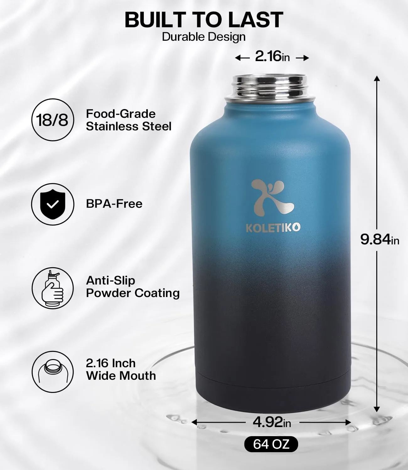 Insulated Water Bottle 64 oz(COLD for 36 Hrs), Non-BPA & Leak Proof, Half Gallon Sports Stainless Steel Water Jug Large with Straw, Indigo Black