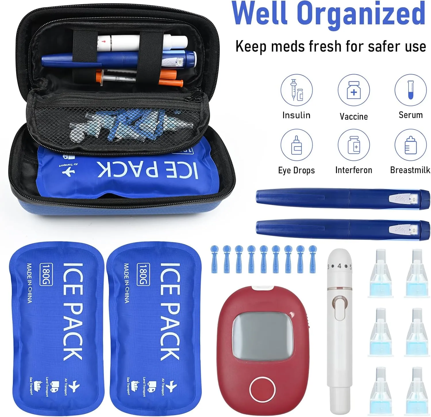 Insulin Pen Cooler Travel Case, Diabetic Supplies Medication Insulated Cool Organizer with 2 Ice Packs, Temperature Display, TSA Approved, Long-Lasting Cooling & Portable for Daily and Trips