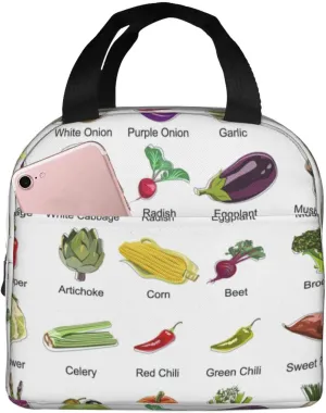 Introduction Of Various Vegetables Print Portable Lunch Tote Bag Reusable Lunch Bag Multi Functional Convenient Lunch Tote