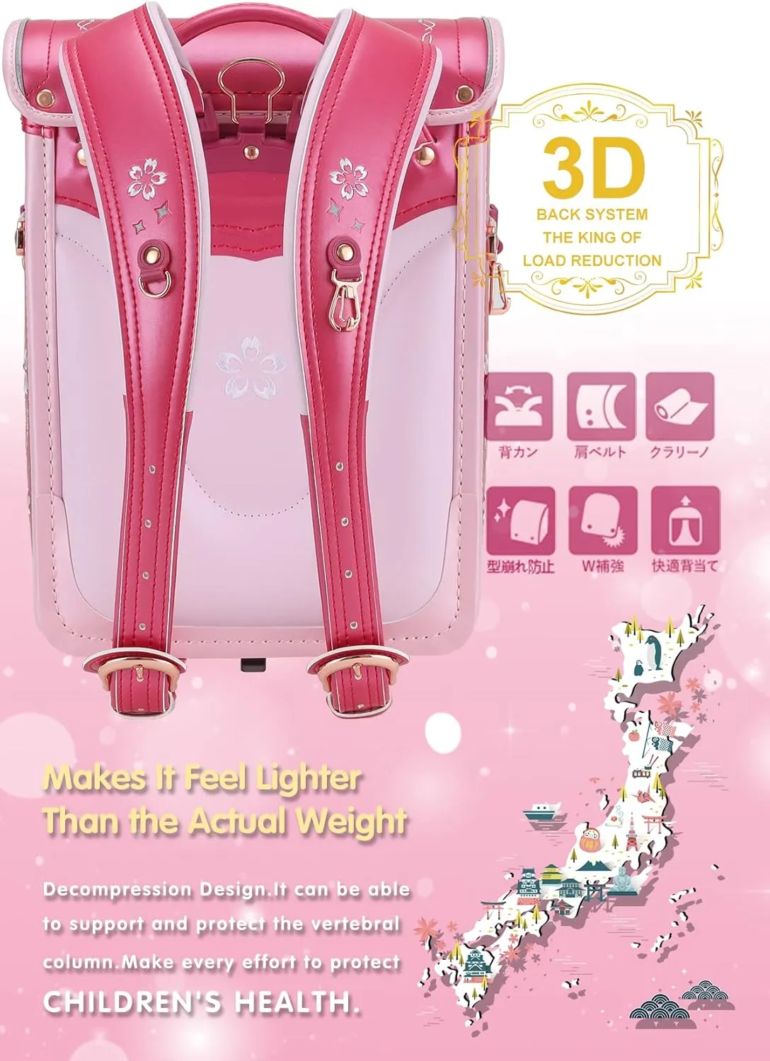 IwaiLoft Ransel Randoseru Backpack Automatic Satchel Japanese School Bag Cherry Blossom Sakura Embroidery PU Bookbag for Girls (Rose)