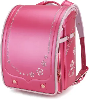 IwaiLoft Ransel Randoseru Backpack Automatic Satchel Japanese School Bag Cherry Blossom Sakura Embroidery PU Bookbag for Girls (Rose)