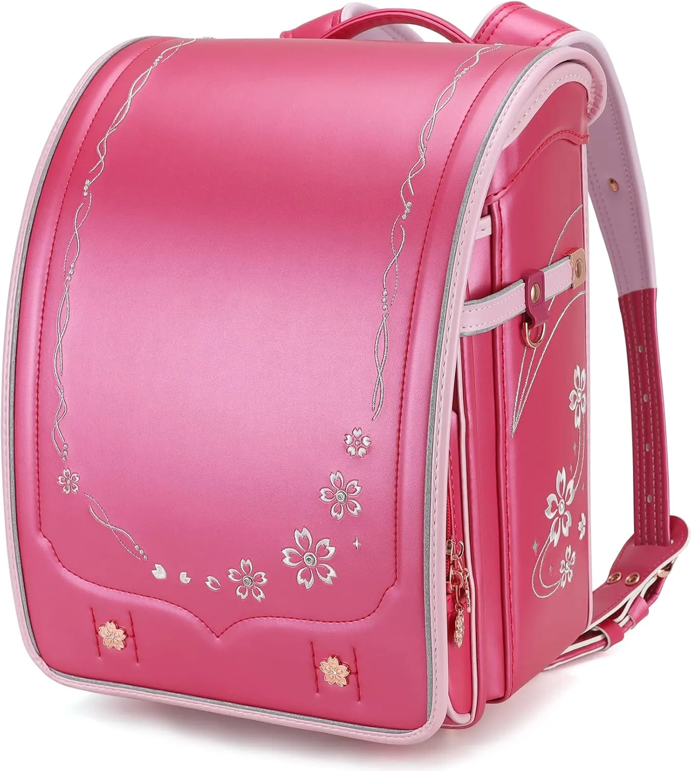 IwaiLoft Ransel Randoseru Backpack Automatic Satchel Japanese School Bag Cherry Blossom Sakura Embroidery PU Bookbag for Girls (Rose)