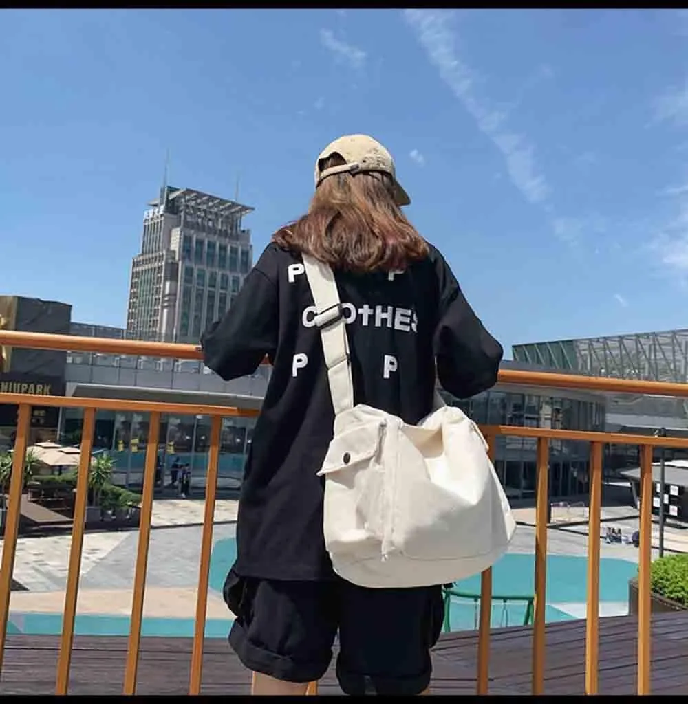 Japanese Literary Style Canvas Solid Color Shoulder Bag Harajuku Crossbody Bag ins Canvas Bag (white)