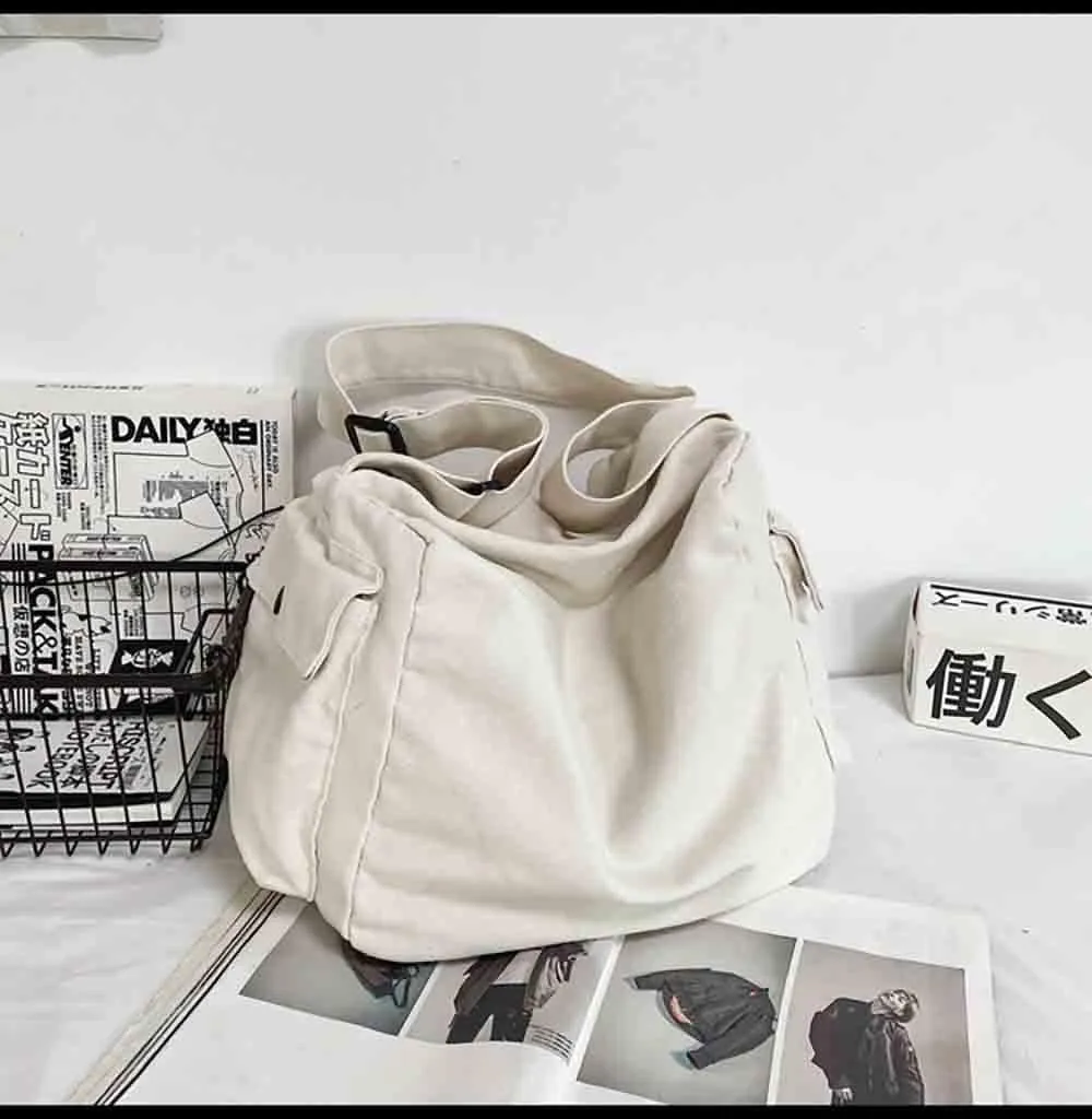 Japanese Literary Style Canvas Solid Color Shoulder Bag Harajuku Crossbody Bag ins Canvas Bag (white)