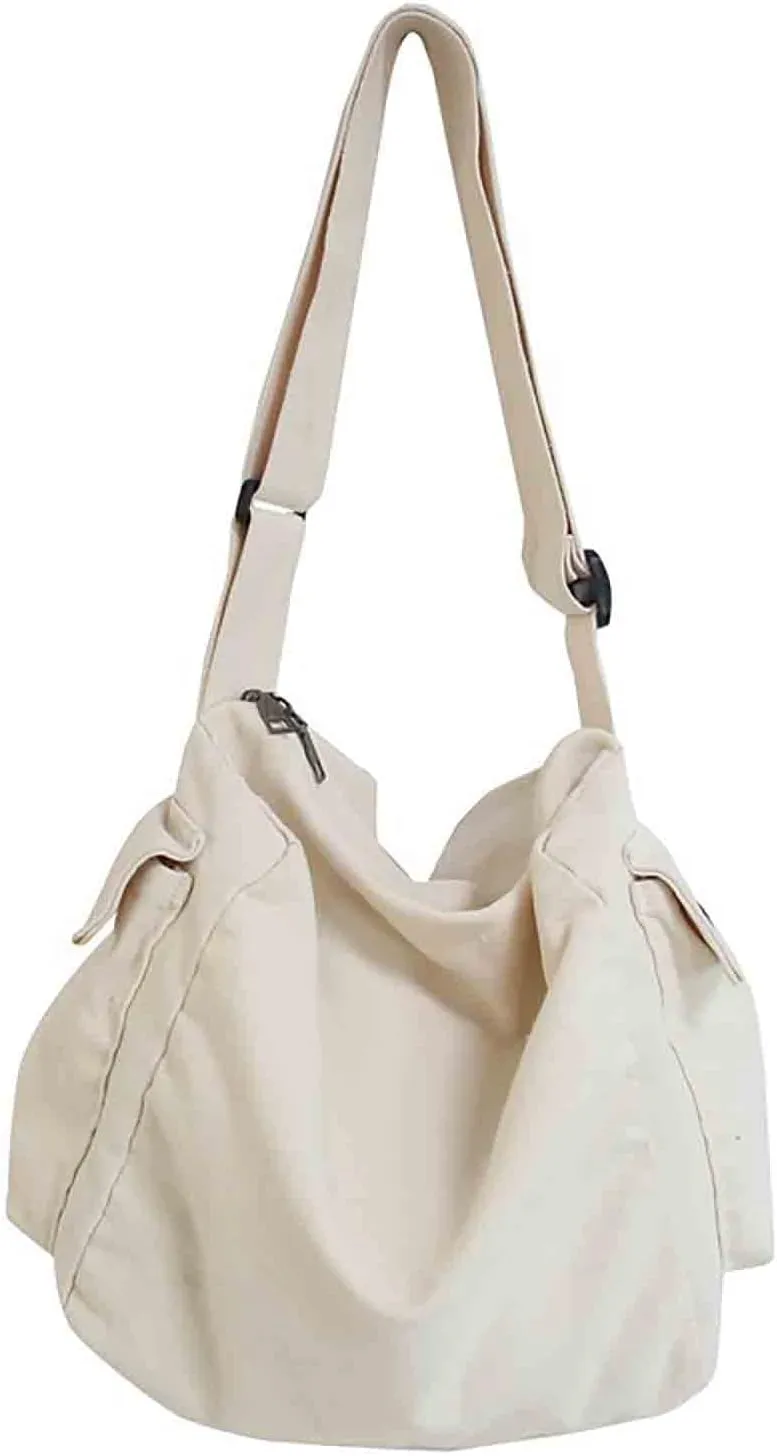 Japanese Literary Style Canvas Solid Color Shoulder Bag Harajuku Crossbody Bag ins Canvas Bag (white)