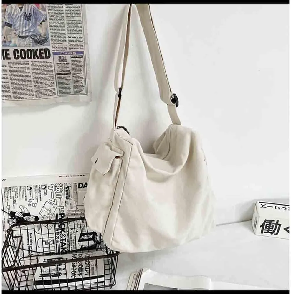 Japanese Literary Style Canvas Solid Color Shoulder Bag Harajuku Crossbody Bag ins Canvas Bag (white)