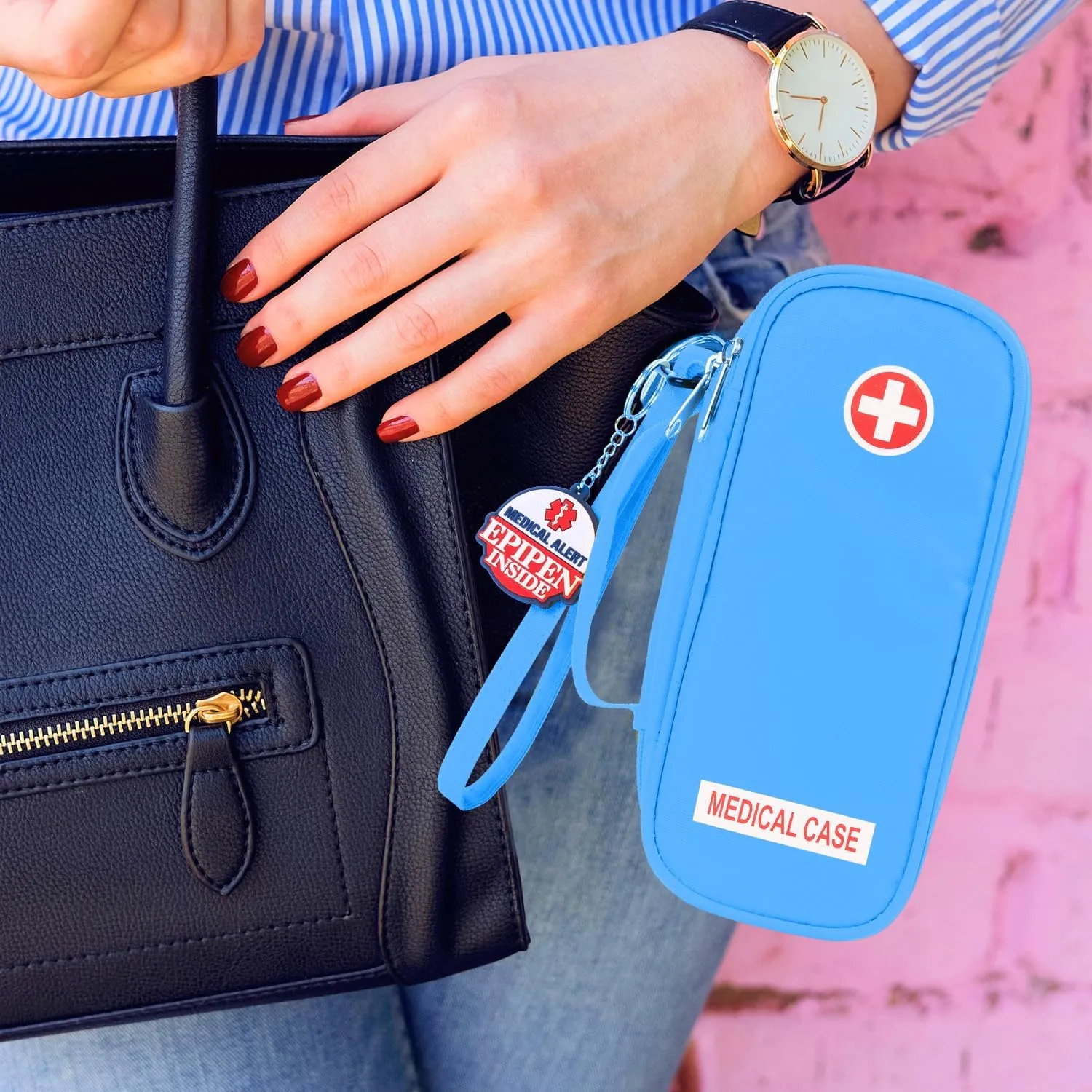Jayour EpiPen Medical Carrying Case Insulated, Travel Medication Organizer Bag Emergency Medical Pouch, Fits 2 EpiPens, Asthma Inhaler, Anti-Histamine, Auvi-Q, Allergy Medicine Essentials (Blue)