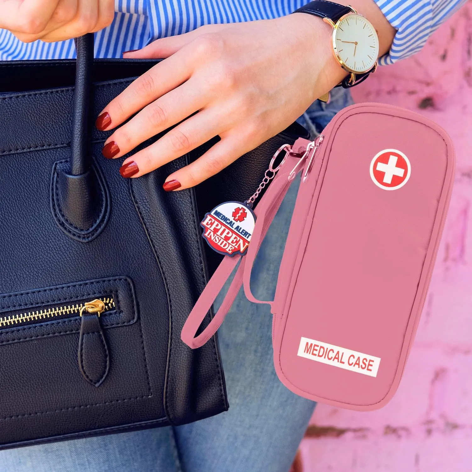 Jayour EpiPen Medical Carrying Case Insulated, Travel Medication Organizer Bag Emergency Medical Pouch, Fits 2 EpiPens, Asthma Inhaler, Anti-Histamine, Auvi-Q, Allergy Medicine Essentials (Pink)