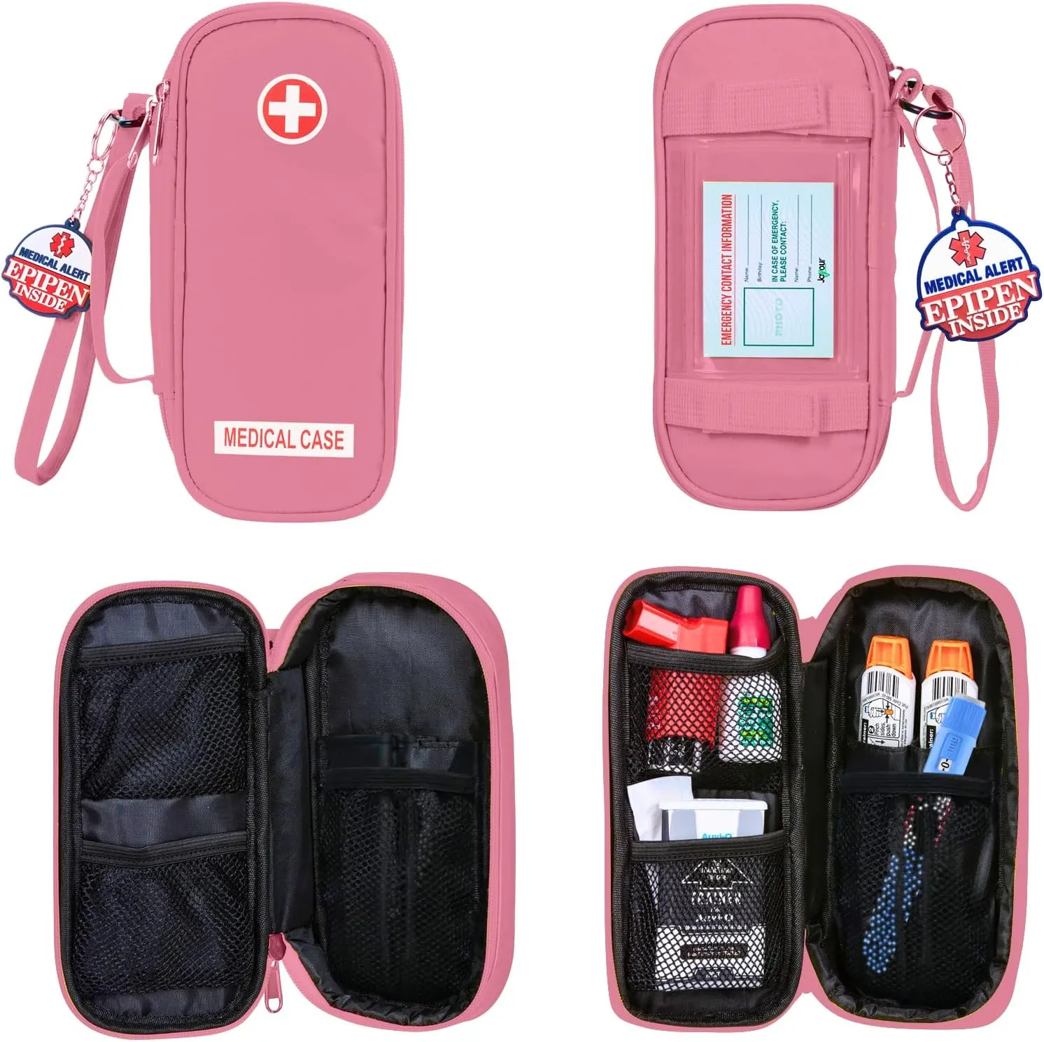 Jayour EpiPen Medical Carrying Case Insulated, Travel Medication Organizer Bag Emergency Medical Pouch, Fits 2 EpiPens, Asthma Inhaler, Anti-Histamine, Auvi-Q, Allergy Medicine Essentials (Pink)
