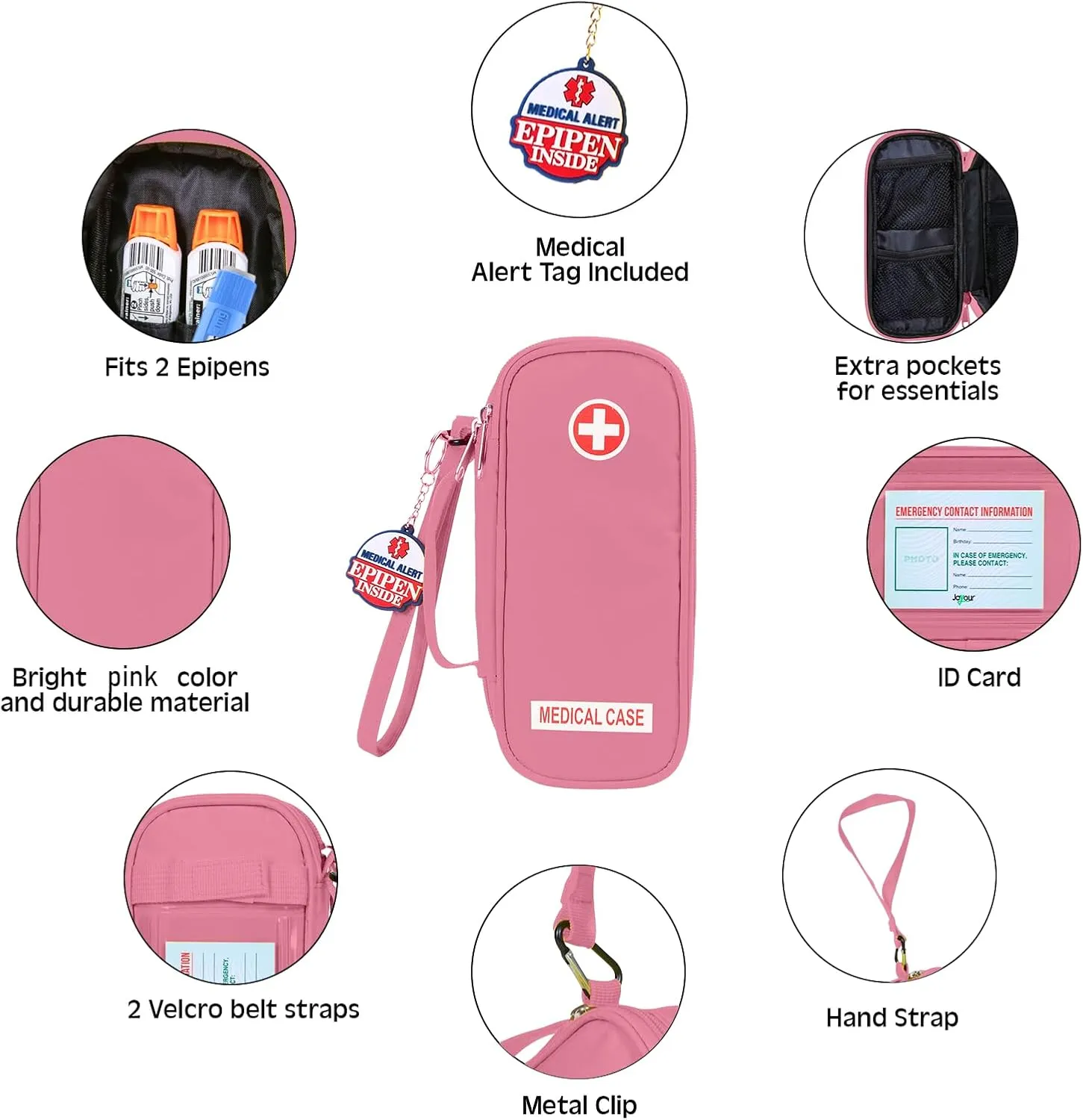 Jayour EpiPen Medical Carrying Case Insulated, Travel Medication Organizer Bag Emergency Medical Pouch, Fits 2 EpiPens, Asthma Inhaler, Anti-Histamine, Auvi-Q, Allergy Medicine Essentials (Pink)