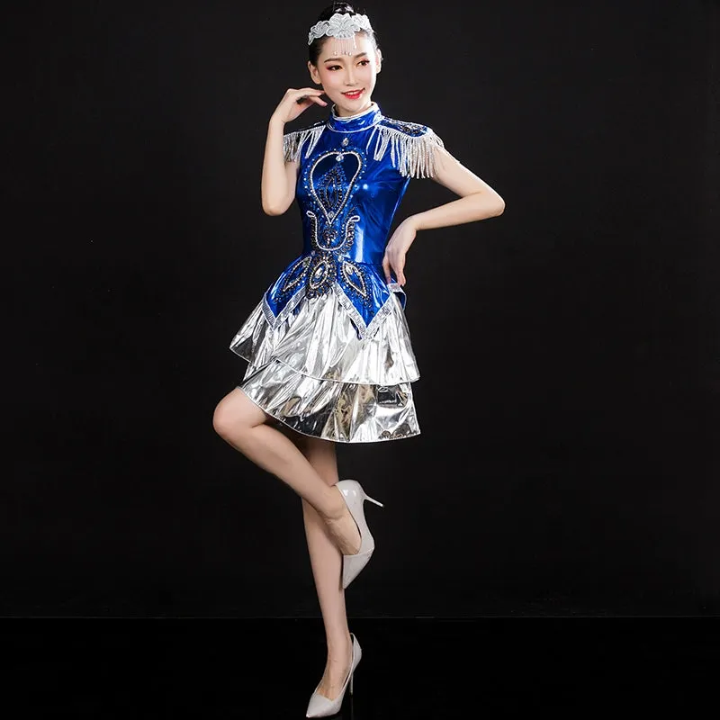 Jazz Dance Costumes Modern Dance Costume Jazz Dance Costume Blue Sequin Square Adult Female Opening Dance Short Skirt Suit