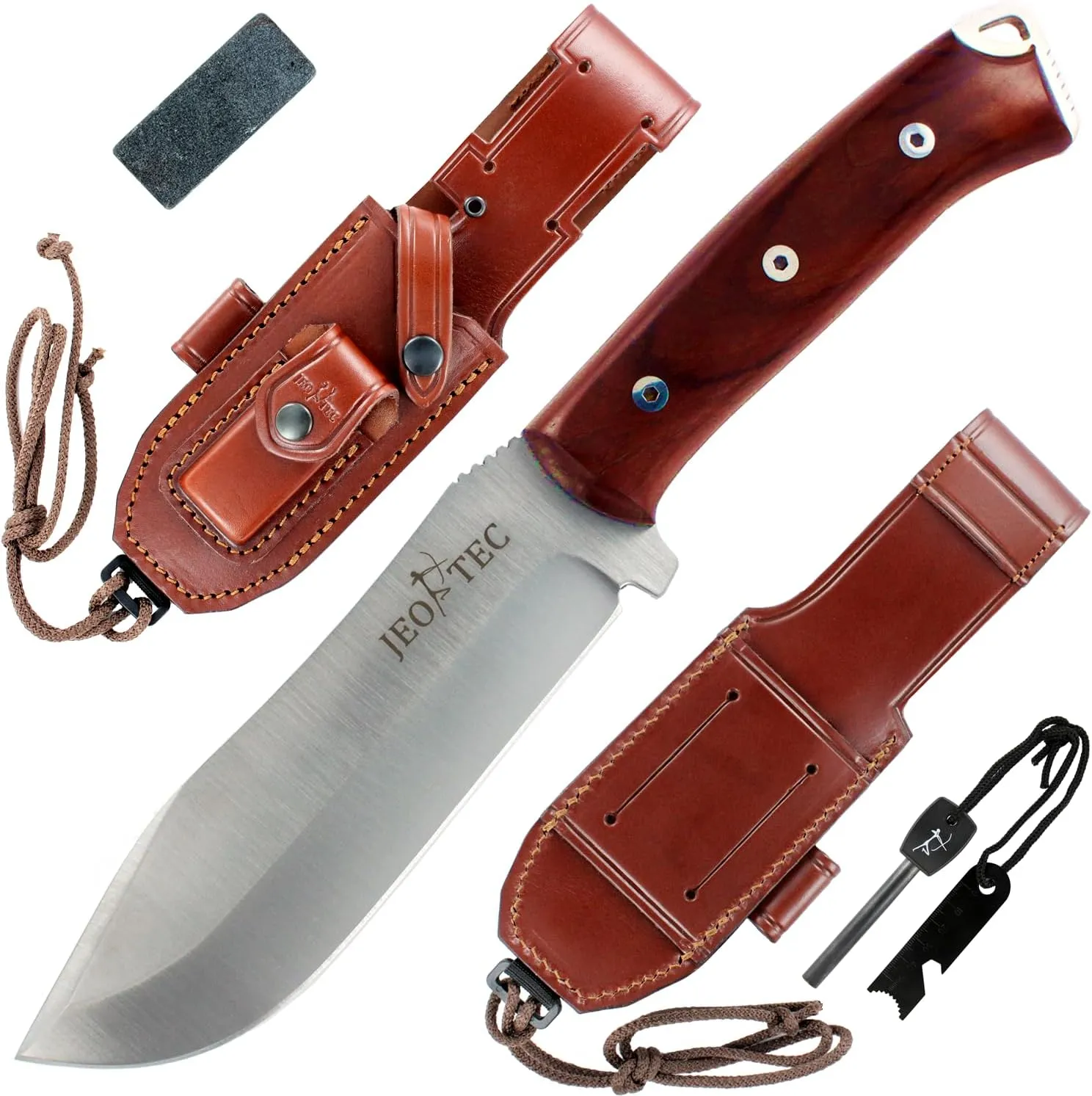 JEO-TEC Nº45 Fixed Blade Bushcraft Knife for Survival Camping Hunting Fishing, Full Tang Knife 11" Overall, Sheath   Firesteel   Sharpener Stone, Handmade