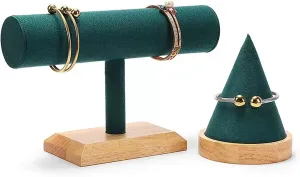 Jewelry Display Stand Jewelry Display Stand 2 Piece Green Velvet Jewelry Display Set, T-Bar Stand and Wood Bangle Bracelet Watch Holder for Exhibit/Trade shows/Retail stores Necklace & Earring Organiz