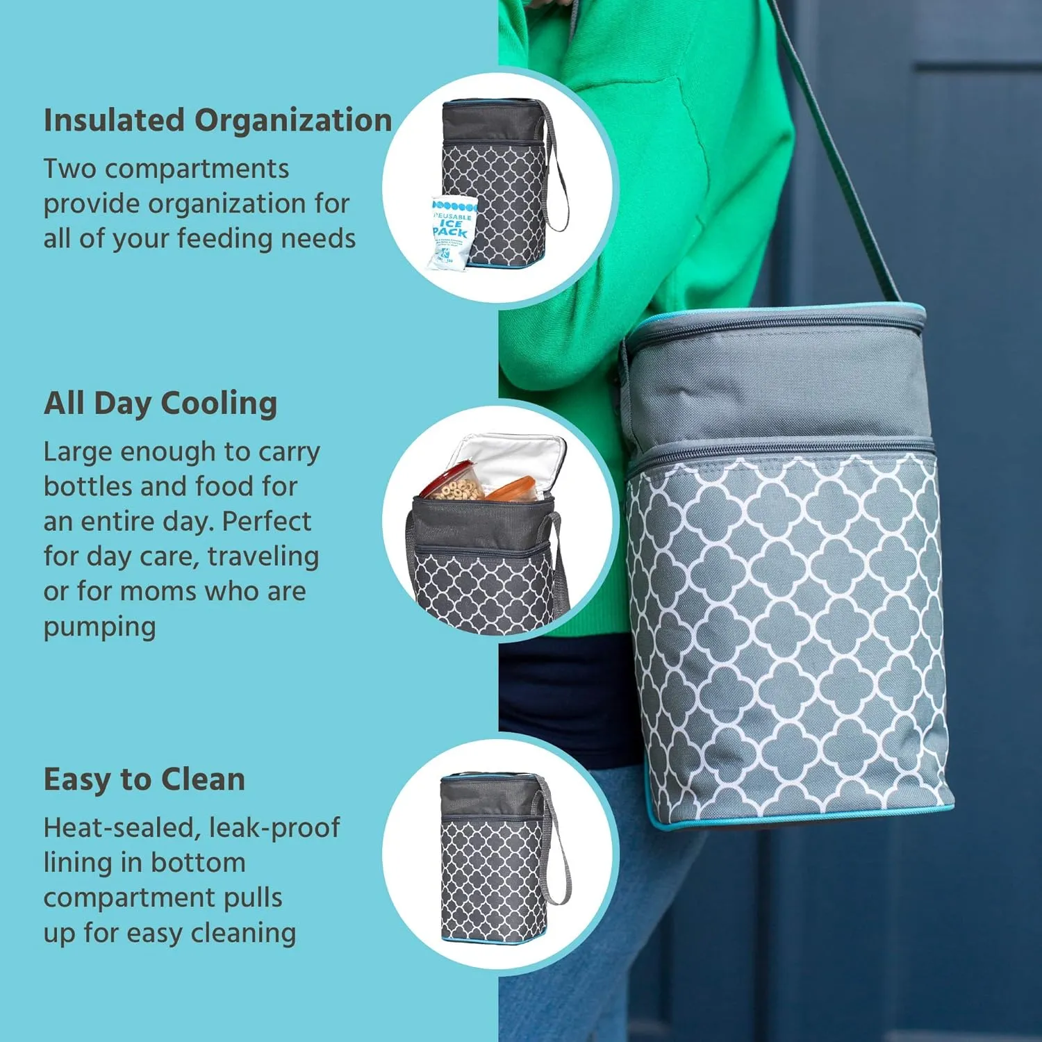 J.L. Childress 6 Bottle Cooler, Insulated Breastmilk Cooler & Lunch Bag for Baby Food & Bottles, Leak-Proof & Heat-Sealed, Ice Pack Included