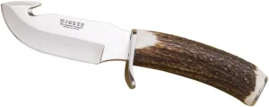 Joker skinning knife Desmogue-D CC28, deer horn handle, MOVA Steel blade 4.33 inches, brown leather sheath, tool for fishing, hunting, camping and hiking