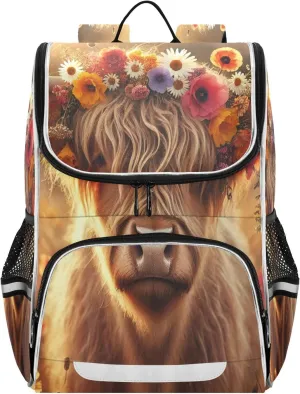 Joko Ivery Highland Cow Pastoral Kids Backpack for School Bookbag with Reflective Strips for Girls Elementary School Travel Boys