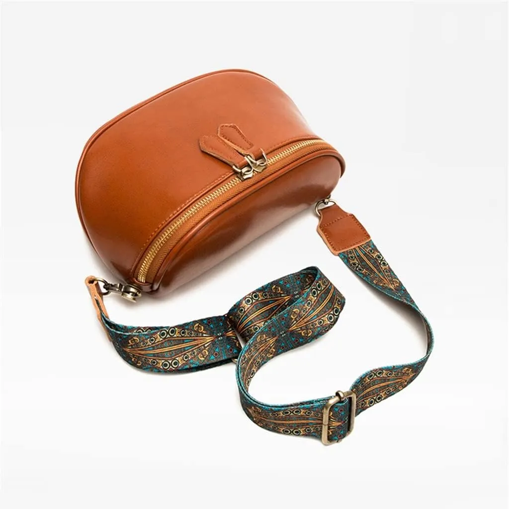 JSEIAJB Leather Bag Women's Bag Fashion Retro Layer Vegetable Tanned Leather Shoulder Messenger Bag Saddle Bag(D)