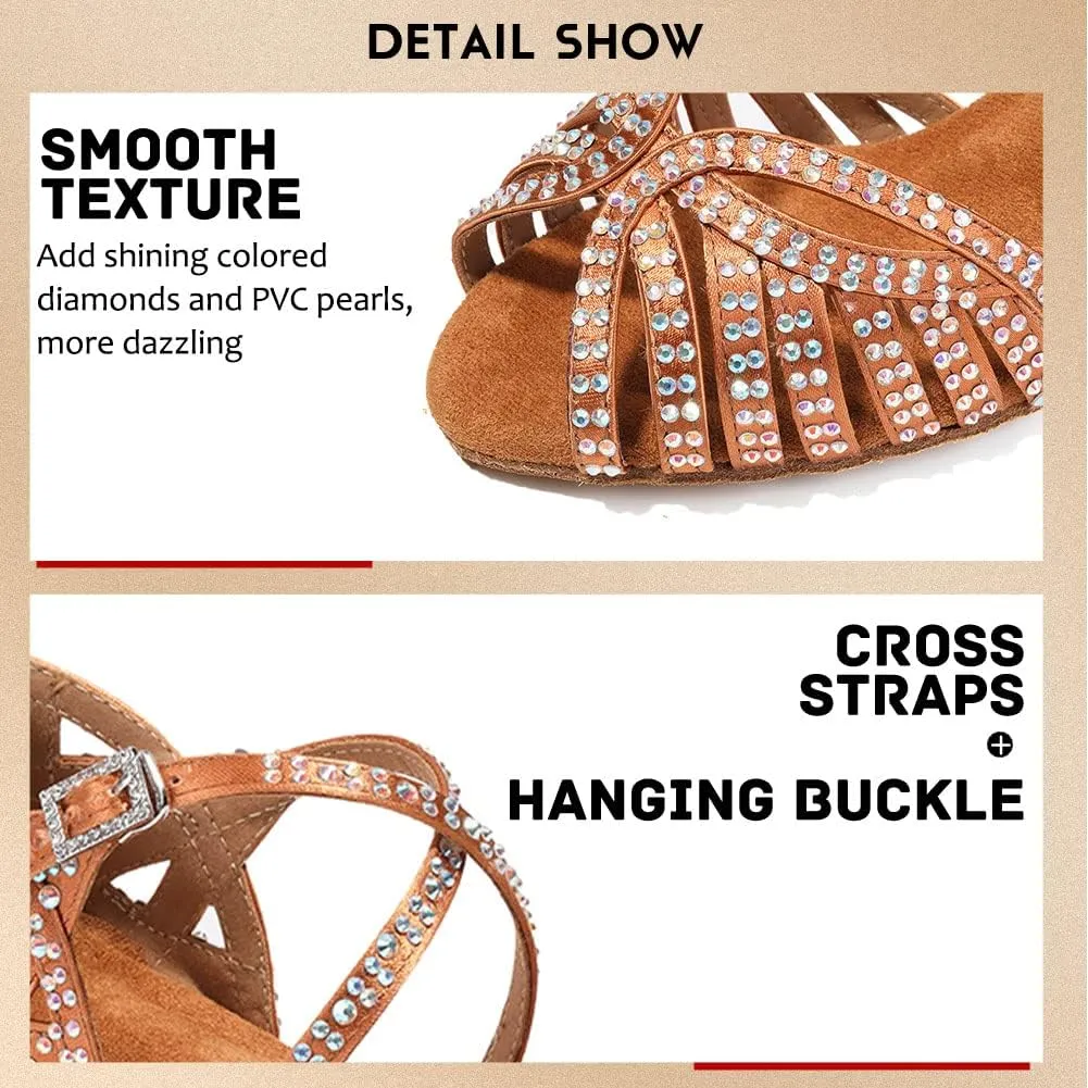 JUODVMP Women's Latin Salsa Dance Shoes Open-Toe Satin with Rhinestones Braided Ballroom Heels Model L380