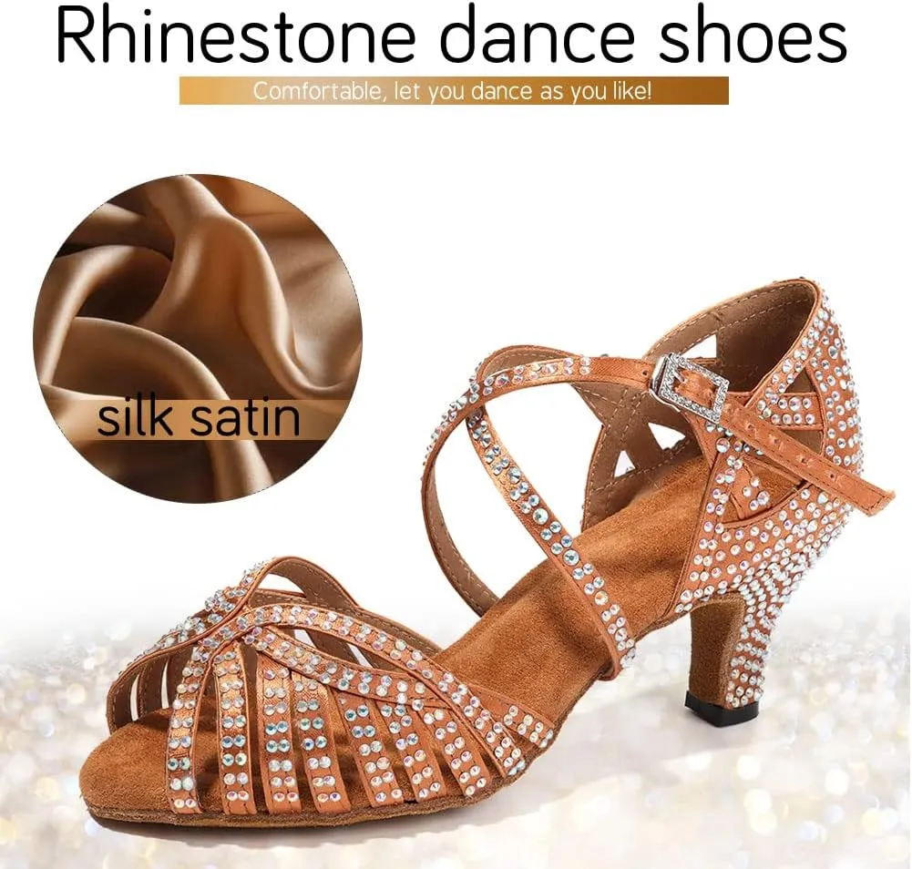 JUODVMP Women's Latin Salsa Dance Shoes Open-Toe Satin with Rhinestones Braided Ballroom Heels Model L380