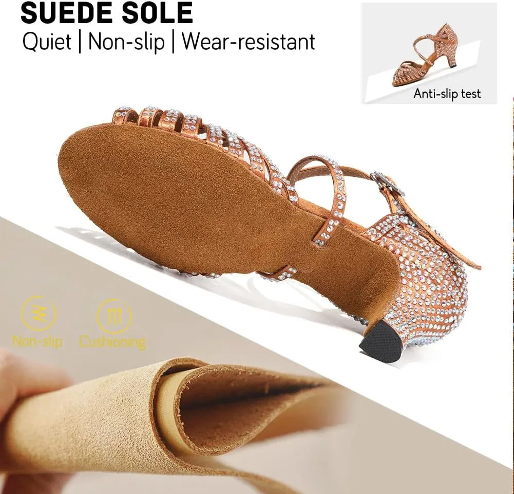 JUODVMP Women's Latin Salsa Dance Shoes Open-Toe Satin with Rhinestones Braided Ballroom Heels Model L380