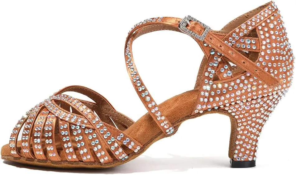 JUODVMP Women's Latin Salsa Dance Shoes Open-Toe Satin with Rhinestones Braided Ballroom Heels Model L380
