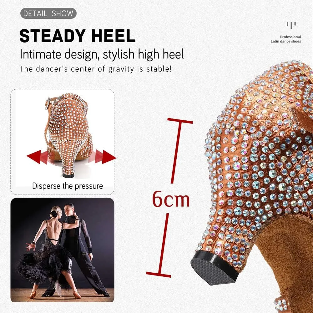 JUODVMP Women's Latin Salsa Dance Shoes Open-Toe Satin with Rhinestones Braided Ballroom Heels Model L380