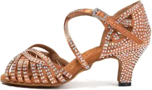 JUODVMP Women's Latin Salsa Dance Shoes Open-Toe Satin with Rhinestones Braided Ballroom Heels Model L380