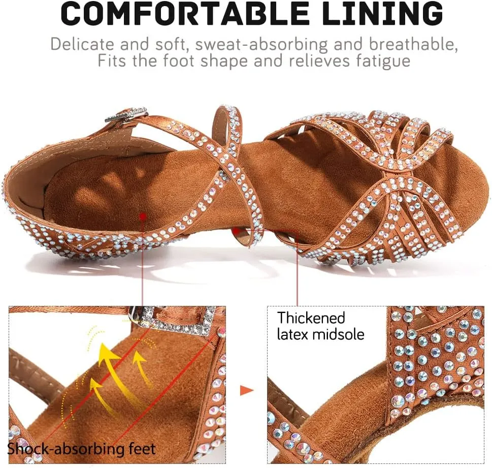 JUODVMP Women's Latin Salsa Dance Shoes Open-Toe Satin with Rhinestones Braided Ballroom Heels Model L380