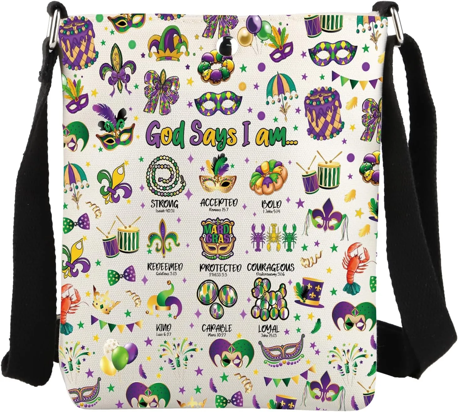 JYTAPP Purple Green Carnival Crossbody Bag Party Gift God Says I Am Christian Bags Louisiana Carnival Gift
