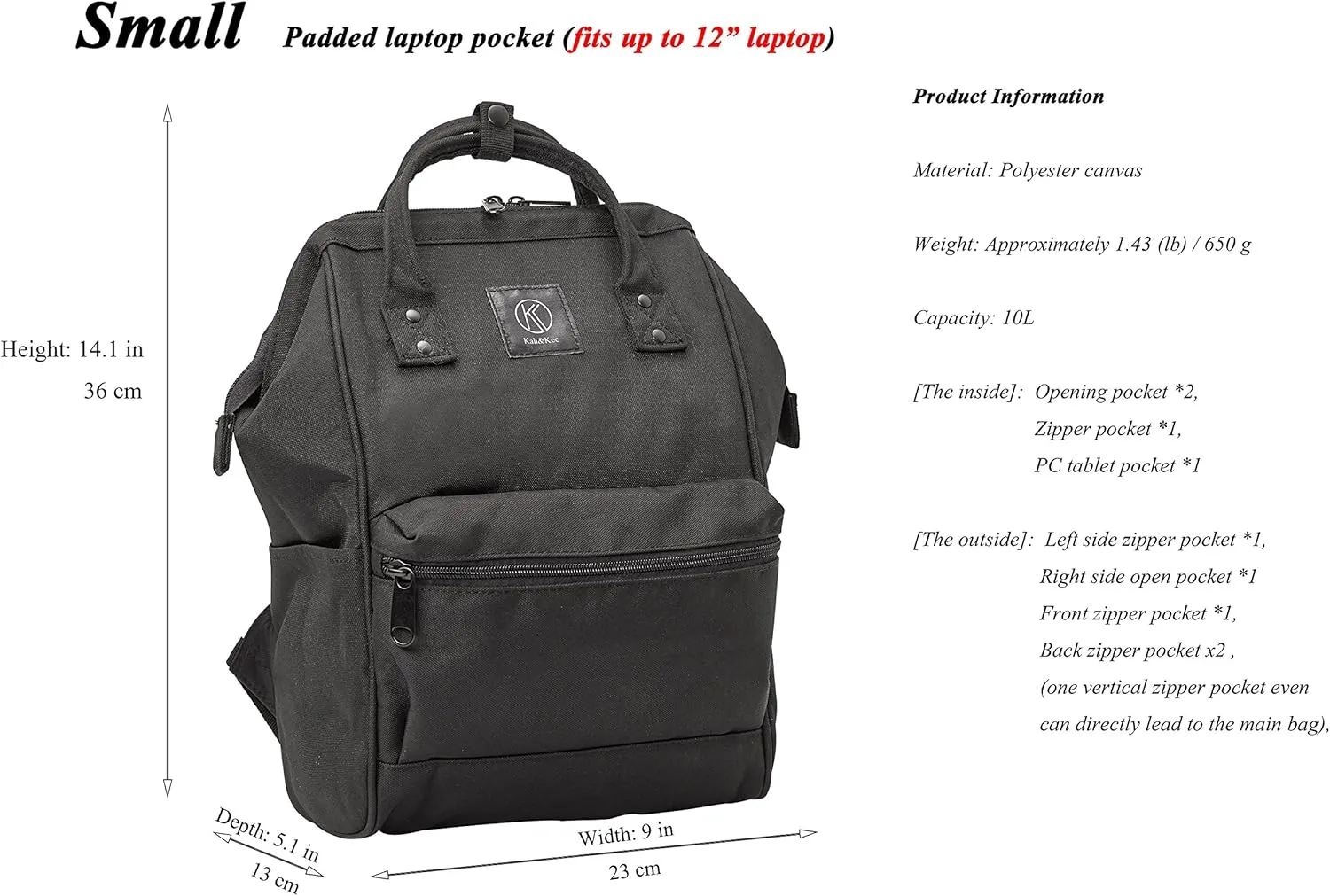 Kah&Kee Polyester Travel Backpack Functional Anti-theft School Laptop for Women Men (Black, Small)
