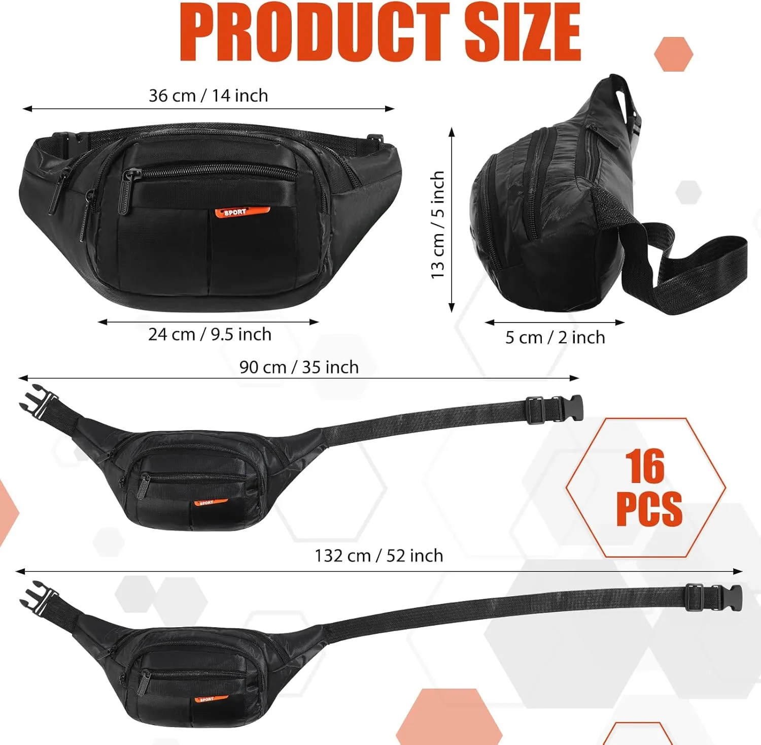 Kajaia 16 Pieces Fanny Pack Bulk Adjustable Waist Bags with Zippers Crossbody Party Fanny Packs Canvas Waist Belt Bag for Women Men Kids Teams Travel Running Cycling Hiking (Black)