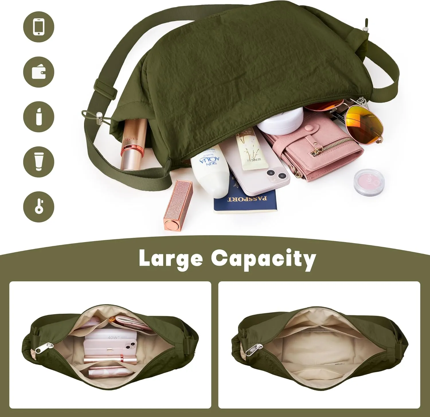 KALIDI Crossbody Purse Bag for Women Nylon Crescent Bag Men Dumpling Bag Lightweight Travel Sling Bag with Adjustable Strap