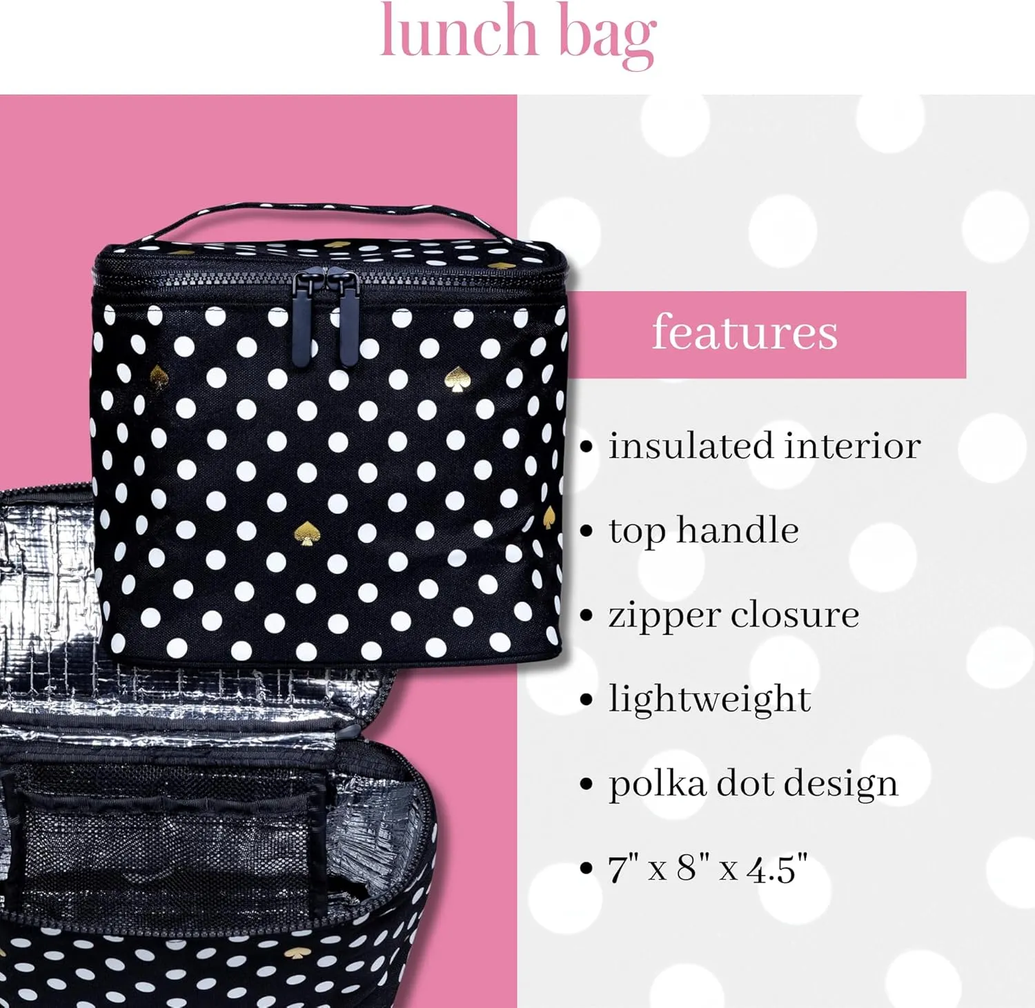 Kate Spade New York Insulated Soft Cooler Lunch Tote with Double Zipper Close and Carrying Handle, Polka Dots (Black/White)
