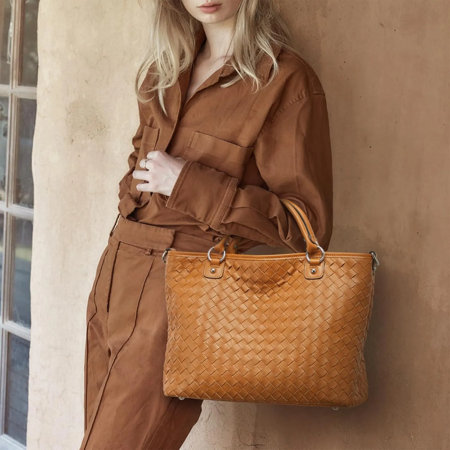 Kattee Woven Bag for Women, Leather Tote Bag Large Handbag and Purse Retro Handmade Shoulder Bag