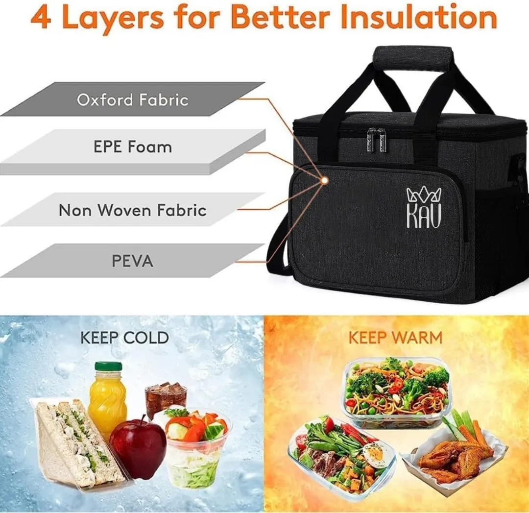 KAV Lunch Cooler Bag, Large Insulated Lunch Box for Food Beverages, 15L Deep Lunchbag Storage Area with Shoulder Strap and Handle, Cooler Tote Lunch Pack for Men Women